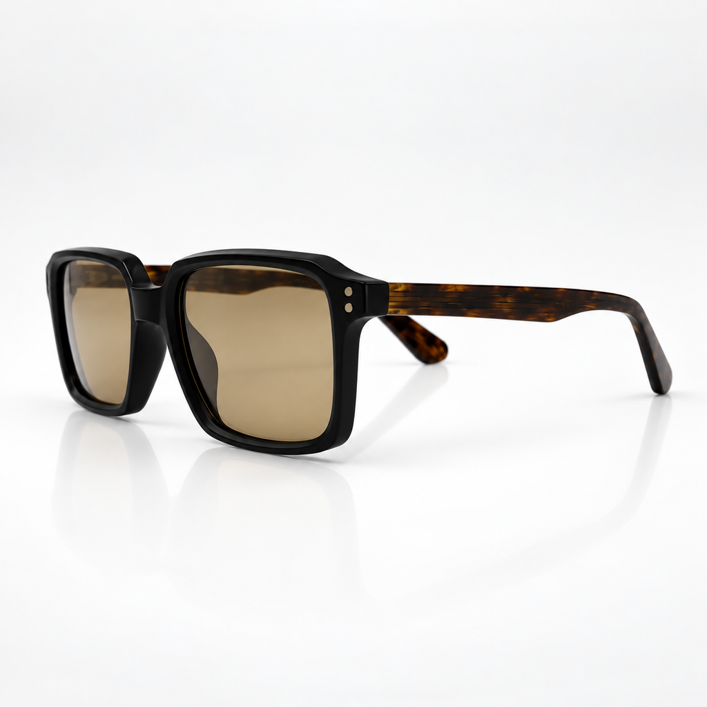 Óculos de sol Palma Costa Sunfeel, retangular em acetato preto fosco com hastes tartaruga e lente marrom claro — imagem 2