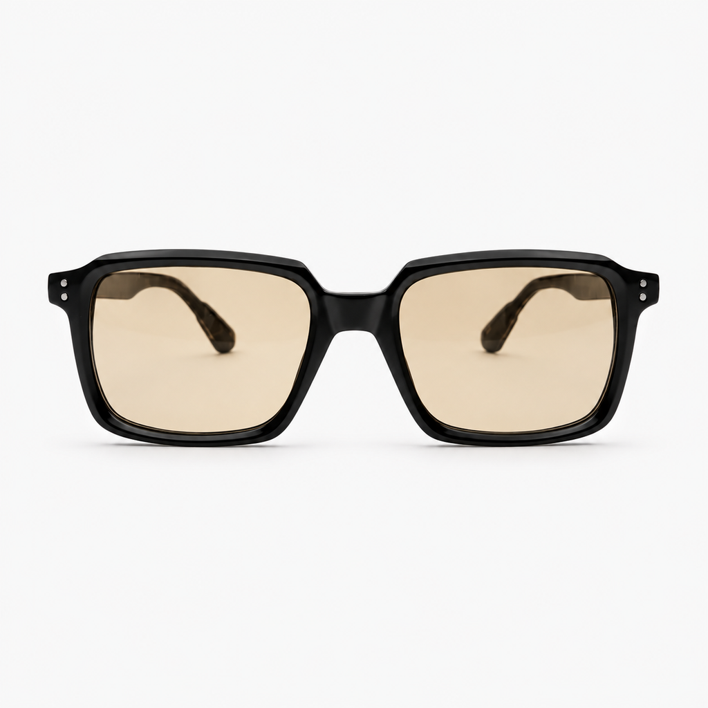 Óculos de sol Palma Costa Sunfeel, retangular em acetato preto fosco com hastes tartaruga e lente marrom claro